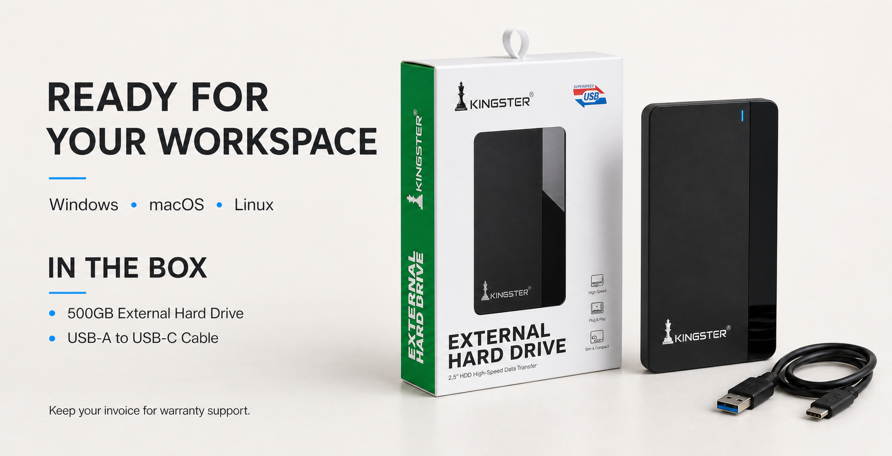 Actual KINGSTER green retail package with drive and cable